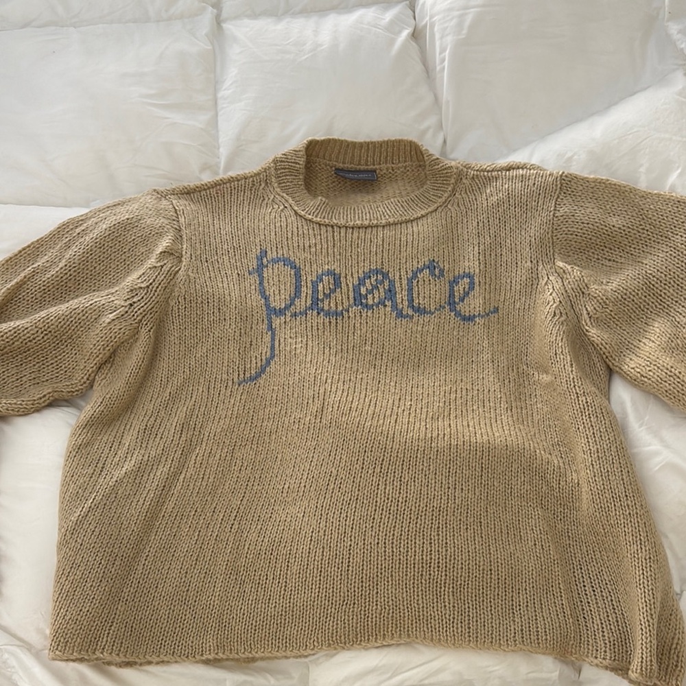 Wooden Ships Tan Crew Neck Sweater with Blue Peace Embroidery
